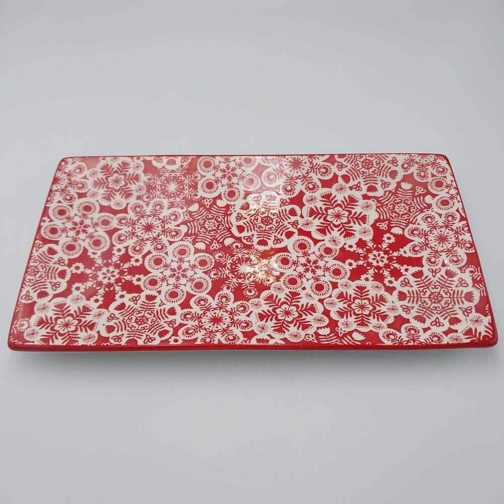 Hallmark Red & White Snowflake Rectangle Snack Trinket Tray‎ Christmas Decor 10"